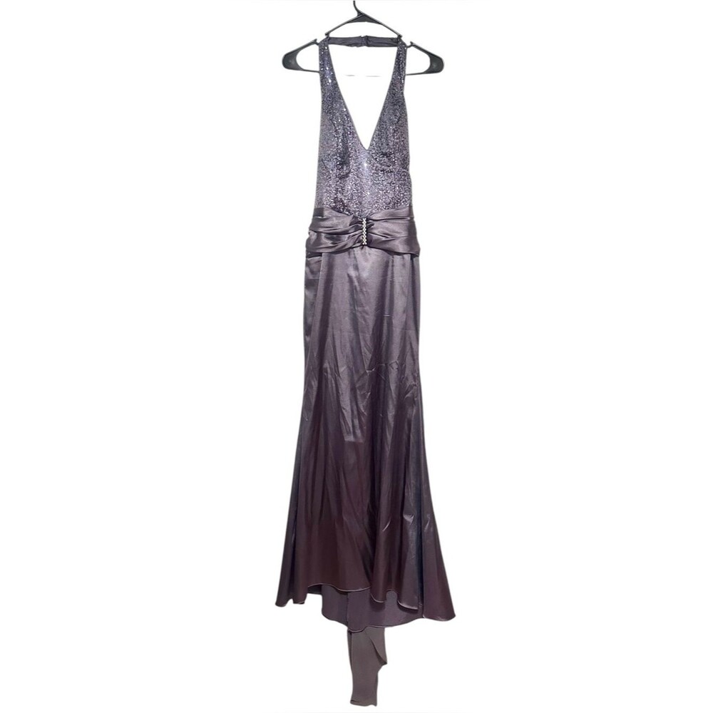 Vintage Lenovia Y2K Charcoal Gray Halter Formal Dress Gown Sequin Ruched